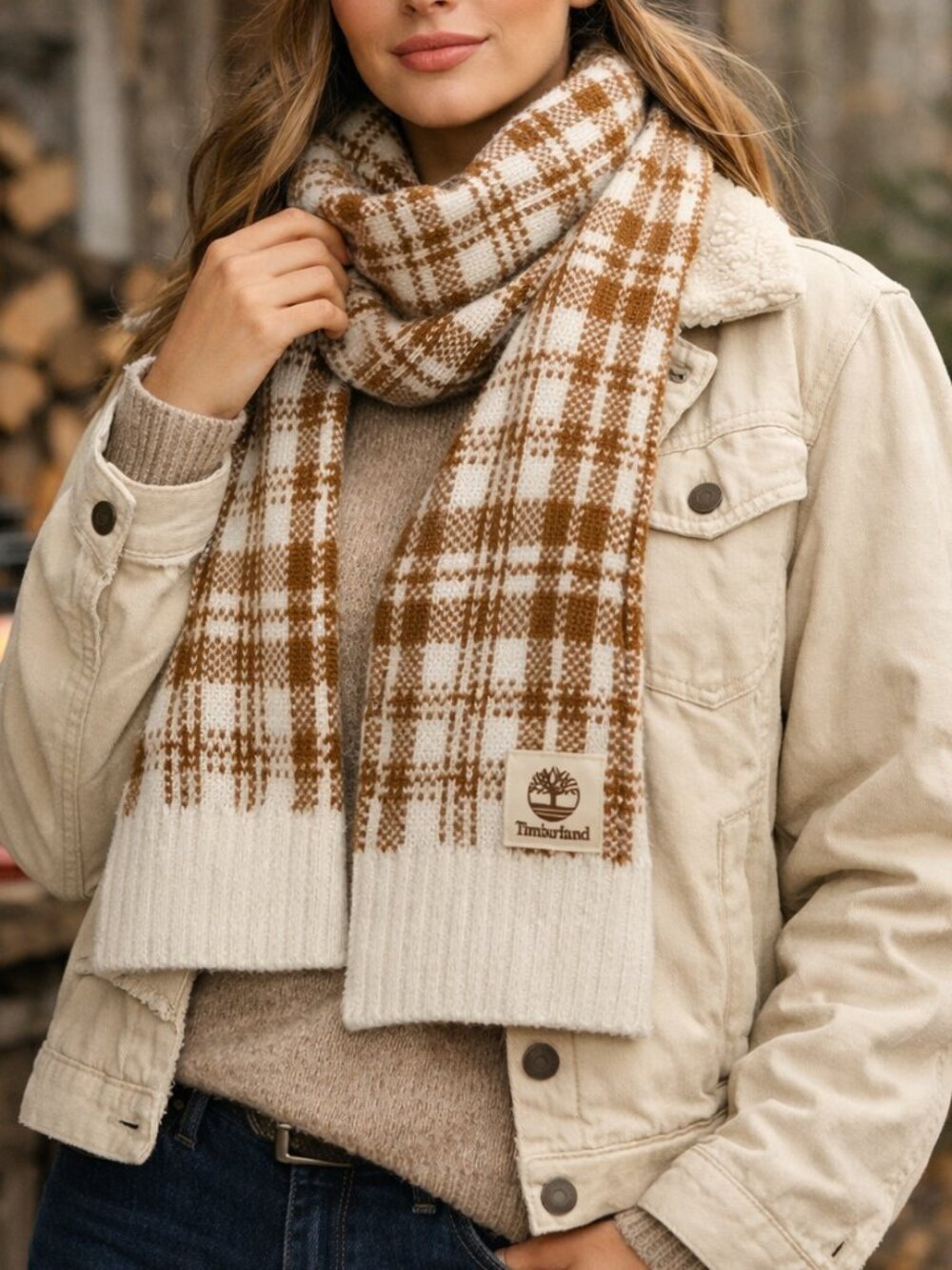 Timberland Plaid Scarf Neutral Brown / Cream Knit Soft Ribbed Edge Soft Warm